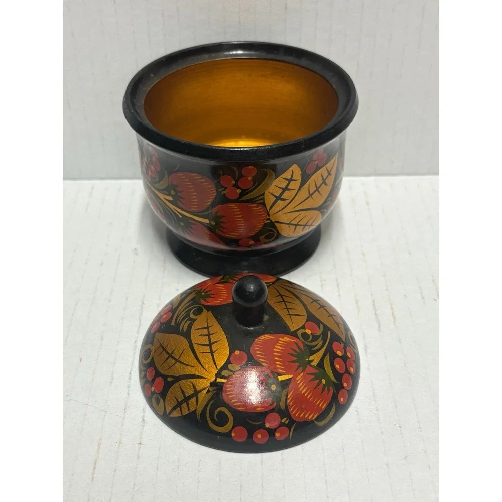 Russian Khokhloma Jar  4 in tall Lidded Wood Lacquer plus 4 spoons‎